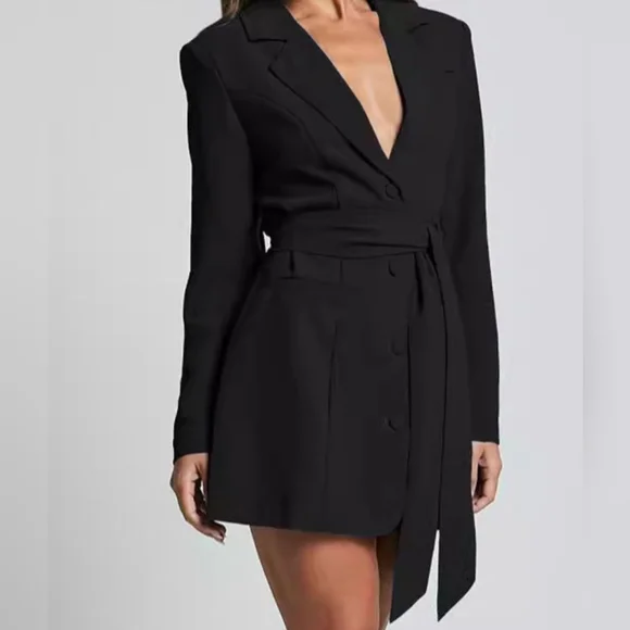 Stylish Black Tie Waist Blazer Dress - Picture 5 of 10